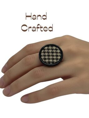 Hand Crafted Brown Cream Plaid Fabric Button Repurposed Into Ring NWT OS